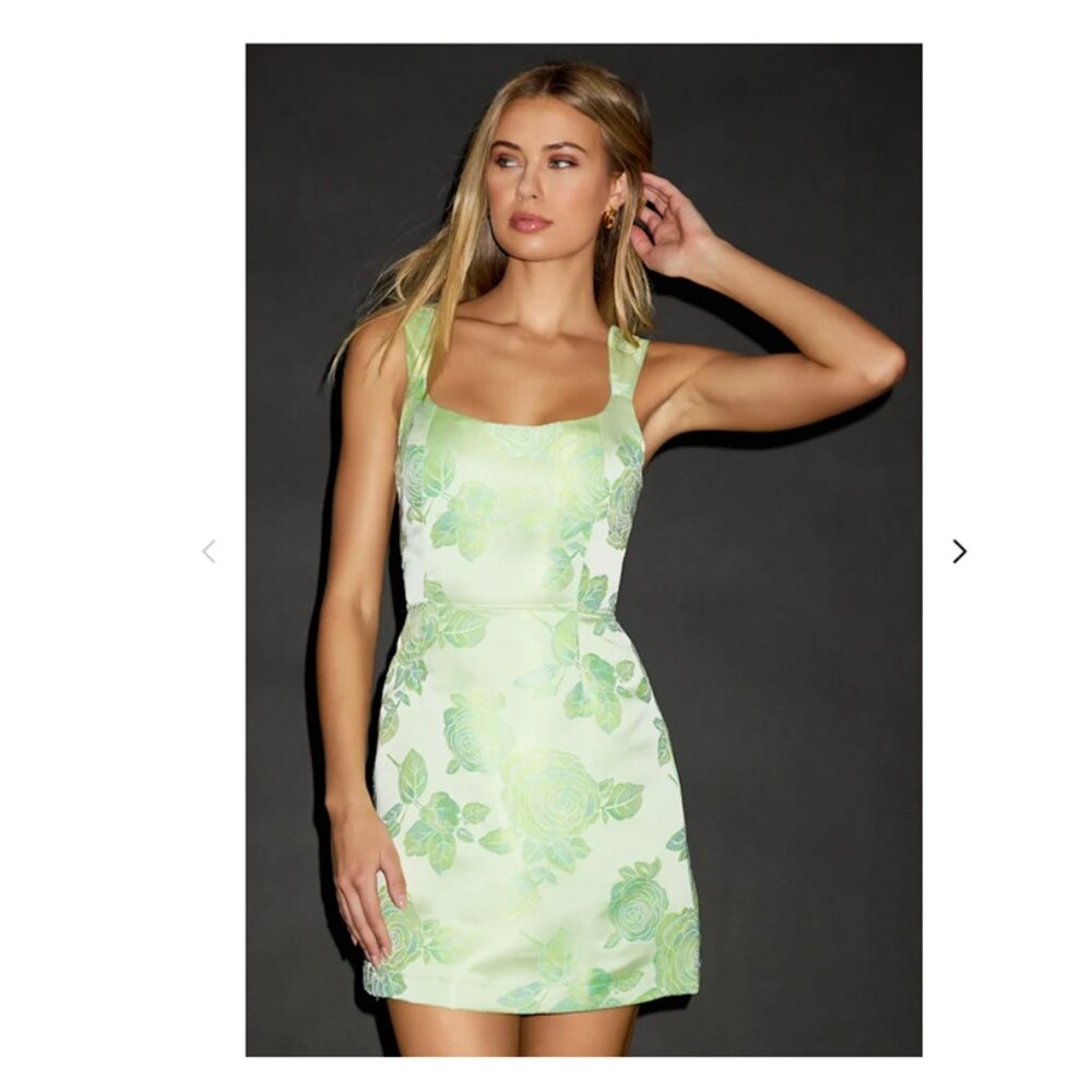 Lulus Brighter Side Light Green Floral Satin Jacquard Mini Dress - Size M